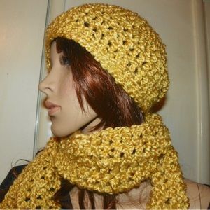 Gold Beautiful Soft Scarf and Hat Set Hand Crochet